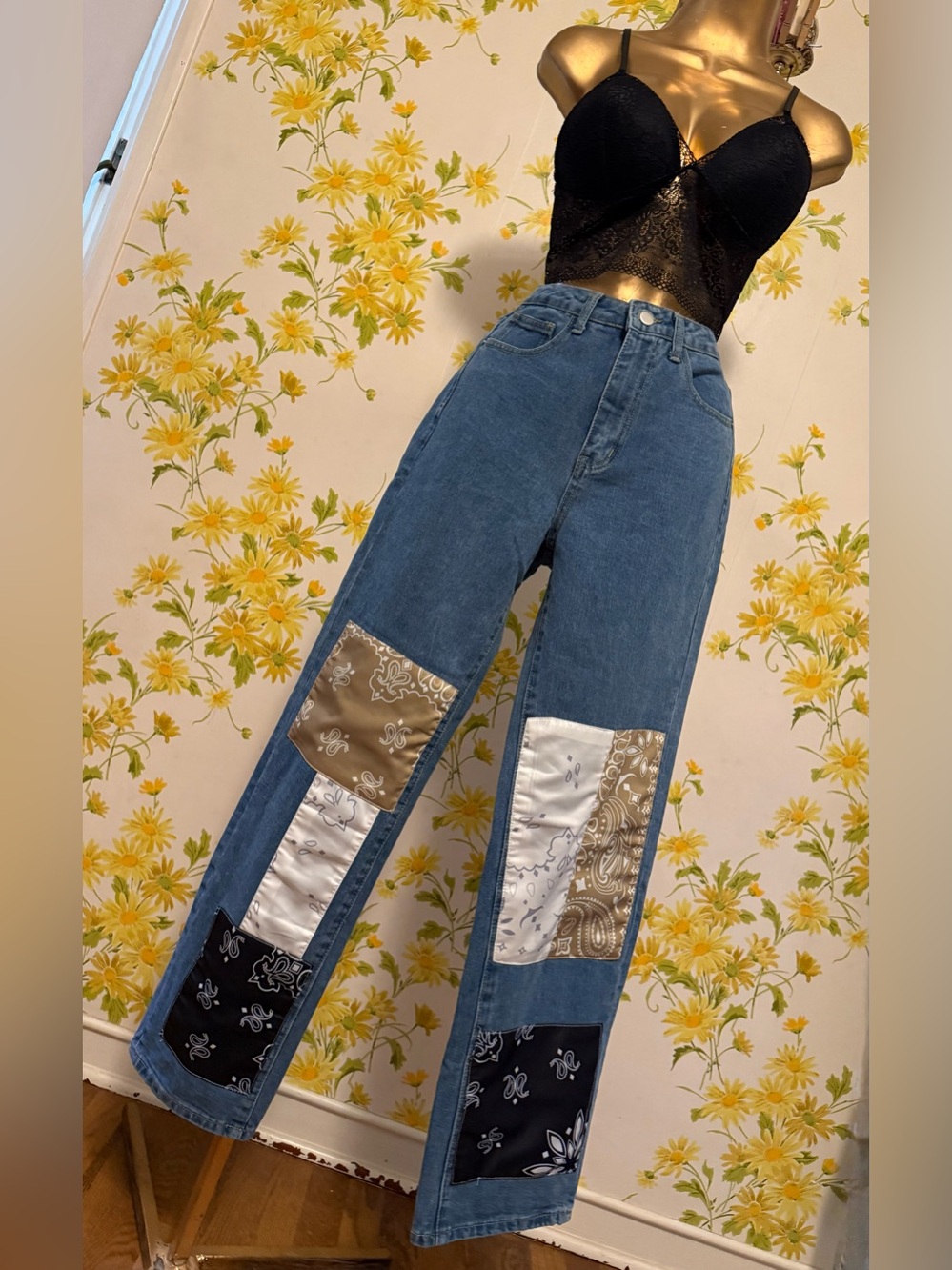 Straight / Wide Leg Patchwork Bandana Denim jeans in Blue size XS